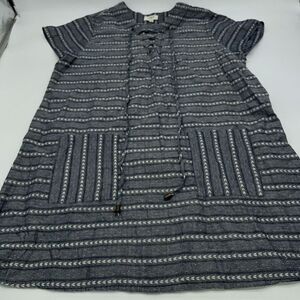 Umgee Blue White Striped Lace-Up Short Sleeve Mini Dress Women's Size Large